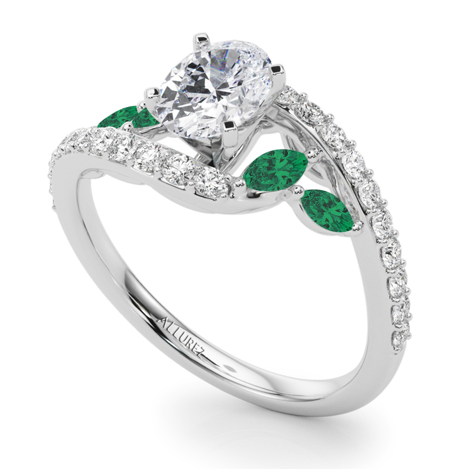 Swirl Design Diamond & Marquise Emerald Engagement Ring 14K White Gold (0.63ct)